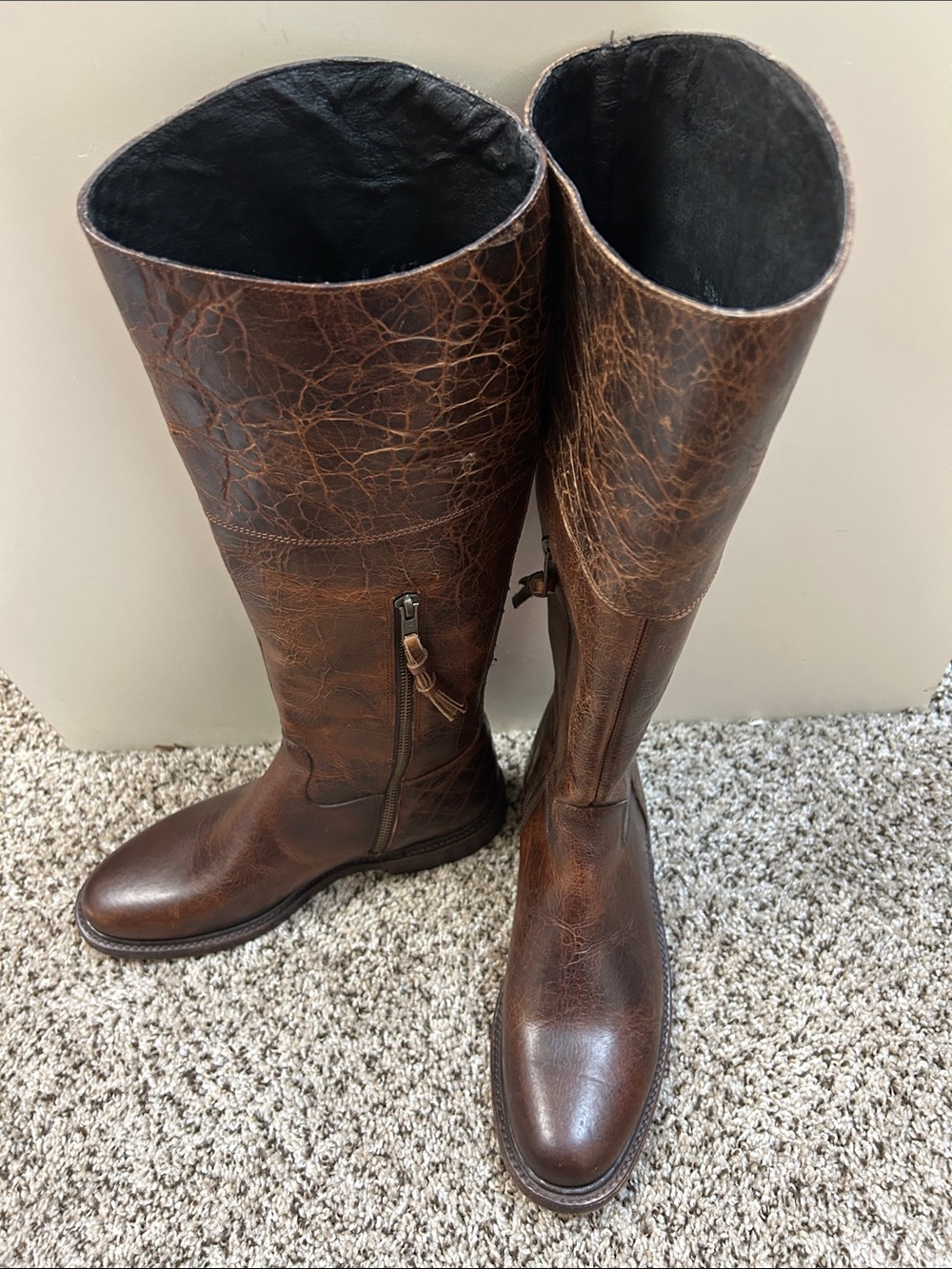 Lucchese Distressed Brown Leather Tall Zip Riding Boots - Picture 4 of 11